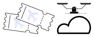 Bulutların üstünde uçan drone 'lu iki uçak bileti seyahat, yenilik ve teknolojiyi temsil ediyor. Seyahat rezervasyonu için ideal, havacılık, lojistik, otomasyon, bulut teknolojisi modern