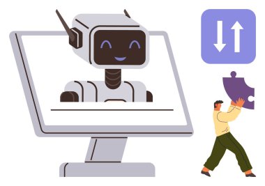 Bilgisayar ekranında gülümseyen robot, bulmaca parçalarını tutan insan, veri alışverişini gösteren oklar. Yapay zeka, takım çalışması, problem çözme, otomasyon, teknoloji, işbirliği, basit düz metafor