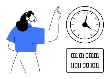 Analog saate ve ikili kod bloğuna doğru hareket eden kadın, zamanı ve teknolojiyi simgeliyor. Üretkenlik, programlama, planlama, teslim tarihleri, zaman izleme, veri, basit düz