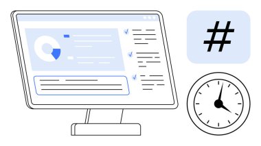 Bir pasta grafiği ve görev kontrol listesi ile analitik verileri gösteren bir monitör, bir saat ve meta veri etiketi simgesi eşliğinde. Üretkenlik, proje planlaması, analiz, hedef belirleme ve zaman için ideal