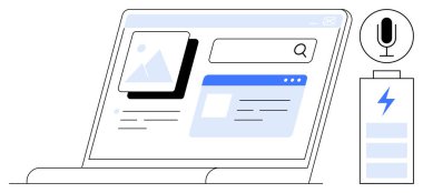 İnternet arayüzü, görsel içeriği, mikrofonu ve pil sembolü olan bir dizüstü bilgisayar. Teknoloji, ses komutları, arama, içerik oluşturma, çevrimiçi öğrenme kullanıcı etkileşimi için ideal basit iniş