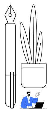 Saksı bitkisinin yanında dolmakalem, dizüstü bilgisayarı işaret eden bir adam, yaratıcılığı, büyümeyi, verimliliği, öğrenmeyi, işbirliği, strateji ve iletişimi sembolize ediyor. Eğitim için ideal