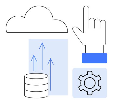 Bulut, veritabanı, yukarı bakan oklar, işaret eden el ve dişli yenilik, teknoloji, otomasyon, veri büyümesi, bulut etkileşimi. Teknolojik bilişim yenilikleri üretkenliği için ideal
