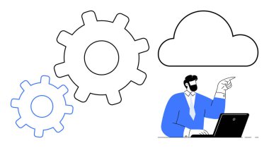 Adam dizüstü bilgisayarda çalışıyor, dev vites simgelerinin yanındaki bulutu işaret ediyor. Teknoloji, bulut hesaplama, iş otomasyonu, veri işleme, yenilik, bilişim altyapısı, basit düz metafor