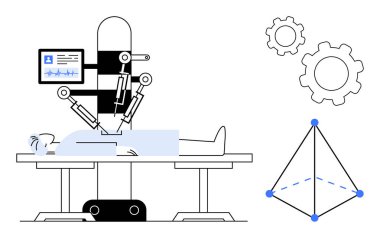 Hayati göstergeler, mekanik vitesler ve 3 boyutlu piramit yapısı olan hastaya robotik kol ameliyatı. Sağlık, yenilik, kesinlik, tıbbi araştırma için ideal