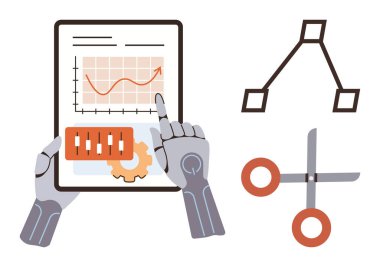 Robot eller grafikler, kaydıraklar ve vitesleri gösteren bir tabletle etkileşim halindedir. Makas, akış şeması yapısı ve analitik araçlar otomasyon, yenilik ve teknolojiyi vurgular. Al için ideal.