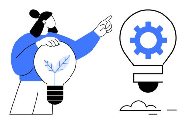 Elinde bir ampul tutan bir kadın, içinde bitki olan bir ampulü dişli bir şeyle işaret ederek, yeniliği, büyümeyi ve sürdürülebilir fikirleri sembolize ediyor. Yaratıcılık, eko-ticaret, takım çalışması, problem çözme için ideal