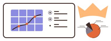 Şebeke, çizgi grafiği, pasta grafiği, başarıyı temsil eden taç sembollü panel. Analiz, iş büyümesi, pazarlama, strateji liderliği verileri için idealdir. Temiz daire