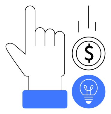 Düşen bir dolar ve ampul ikonu ile yukarı doğru bakan bir el. İş stratejisi, girişim, yenilik, yatırım, mali planlama, karar verme, sade iniş sayfası için ideal