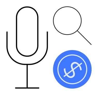 Bir çemberdeki mikrofon, büyüteç ve dolar işareti iletişimi, aramayı, teknolojiyi, sesi, finansmanı, analizi ve yaratıcılığı işaret eder. Teknoloji medya ekonomisi için ideal