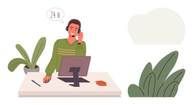 Masada kulaklık takmış bir erkek ajan, bilgisayar kullanıyor, müşterilerle konuşuyor, 24 saat hizmet veriyor. Müşteri hizmetleri, teknik destek, iletişim, çağrı merkezi, uzaktan çalışma desteği için ideal