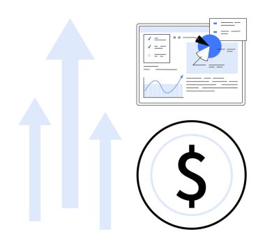 Grafikleri ve grafikleri olan veri paneli, büyümeyi temsil eden yukarı doğru oklar ve karı vurgulayan bir dolar işareti. İş için ideal, finans, analiz, ilerleme, yatırım, başarı sade iniş