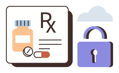 Reçeteli ilaç şişesi, haplar ve Rx sembolü güvenli bir kilit ve bulutun yanında. Sağlık, veri koruması, çevrimiçi güvenlik, siber güvenlik, eczane, tıbbi teknoloji için ideal basit düz metafor