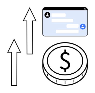 Yukarı oklar, dolar işareti olan bozuk para iletişim için sohbet kutusu finansal ilerlemeyi vurgula ve çevrimiçi işbirliği. Liderlik için ideal, iş büyümesi, e-ticaret, dijital araçlar, mali