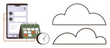 İki bulut şekline bağlı, takvim ve saatle yapılacaklar listesini gösteren akıllı telefon. Üretkenlik, zaman yönetimi, zamanlama, çevrimiçi depolama, uygulama geliştirme, uzaktan çalışma, görev planlaması için ideal