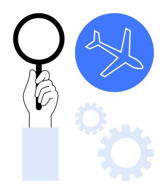El ele büyüteç, mavi dairenin içinde uçak, arka planda dişliler. Havacılık, keşif, araştırma, yenilik, verimlilik problem çözme stratejisi için idealdir. Temiz metafor