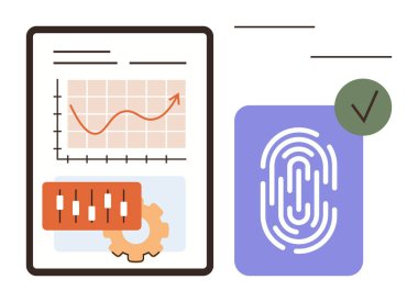 Yukarı doğru eğilimli grafikler, ayar kaydırıcıları, dişliler, parmak izi simgesi ve işaretleme işareti. Veri analizi, siber güvenlik, kimlik doğrulama ayarları teknoloji verimliliği için ideal. Basit.