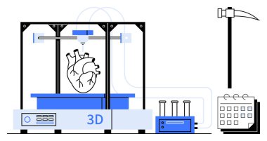 3D yazıcı şişelerin, kazma, takvim ve kontrol sistemlerinin yanında bir insan kalbi üretiyor. Tıbbi yenilik için ideal, teknoloji, organ oluşturma, araştırma, gelecekteki sağlık biyomühendisliği