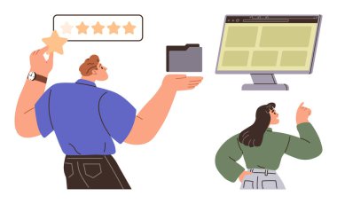 Klasörü ve yıldız derecesini elinde tutan kişi. Bir diğeri de web düzeniyle monitörü işaret ediyor. Takım çalışması, geri bildirim, çevrimiçi değerlendirme, dosya paylaşımı, işbirliği, çalışma alanı üretkenliği, kullanıcı