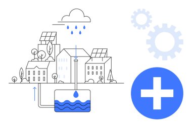 Yağmur suyu koleksiyonu, yeraltı deposu ve kentsel güneş enerjili binalar. Sürdürülebilirlik, çevresel koruma, yenilenebilir enerji, teknoloji, çevre dostu çözümler için ideal