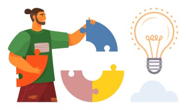 Takım çalışmasını ve beyin fırtınasını temsil eden renkli yapboz parçaları birleştiren adam. Ampul yaratıcılığı, yeniliği, fikir üretimini ve çözüm üretimini sembolize eder. İşbirliği ve liderlik için ideal.