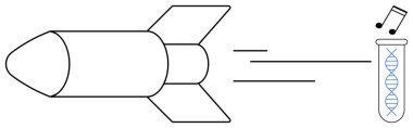 Roket, DNA ipliği ve notayla test tüpüne doğru hızla ilerliyor. Bilim, teknoloji, ilerleme, yenilik, yaratıcılık, araştırma ve gelecek kavramları için idealdir. Basit düz metafor