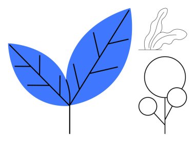 Soyut elementlerin yanında çizgi detaylarıyla mavi yaprak çizilmiş bir ağaç ve bitkiyi işaret ediyor. Ekoloji, sürdürülebilirlik, doğa, büyüme, çevre, organik, yaratıcı tasarımlar için idealdir. Çok basit.