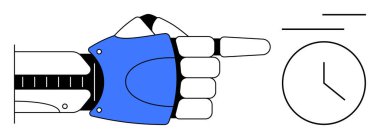 Minimalist bir saati işaret eden mavi kaplamalı robot eli teknolojiyi, verimliliği ve teslim tarihlerini iletiyor. Yenilik, otomasyon, programlama, üretkenlik, dakiklik robotikleri için ideal