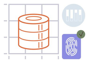 Şebeke üzerindeki veri yığını, bar çizelgesi, parmak izi kalıbı ve güvenlik, analiz ve kimlik doğrulamasını temsil eden kontrol işareti. Teknoloji, veri tabanı, kimlik siber güvenlik analitik onayı için ideal