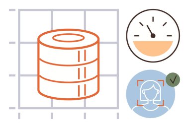 Veritabanı silindirleri, hız göstergesi, basit tasarımda doğrulanmış yüz tanıma simgesi. Teknoloji, kimlik doğrulama, veri işleme, biyometrik, veritabanı yönetimi, güvenlik dijital