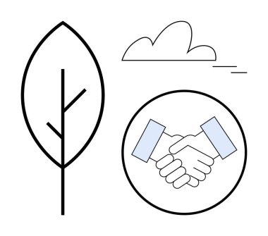 Bir yaprak, bulut ve tokalaşmanın minimalist unsurları ortaklık, doğa ve ekolojik bilinç işbirliği temalarını gösteriyor. Takım çalışması, sürdürülebilirlik, eko-ticaret, çevre için ideal