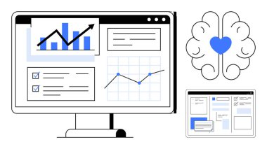Analitik çizelgeleri olan bilgisayar ekranı, kontrol listesi, kalp vurgu empatisi olan beyin ve arayüz modeli. Teknoloji, iş, yenilik, analitik, yaratıcılık için ideal farkındalık