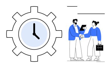 Vites içindeki saat zaman yönetimini simgeler, iş adamları el sıkışırken, belgeleri tartışırken ve evrak çantası taşırken. İşbirliği, takım çalışması, verimlilik, teslim tarihleri ve planlama için ideal