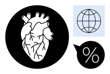 Siyah çemberdeki anatomik kalp, minimum küre ve yüzde yüz sembolik konuşma balonu. Sağlık iletişimi, küresel veri, biyoloji, istatistik, eğitim tıbbi konular veya analitik konular için idealdir. Basit.