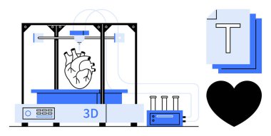 3D yazıcı anatomik kalp modeli yaratıyor. Test tüpleri, tıbbi araçlar ve metin katmanları sağlık yeniliğini sembolize eder. Teknoloji, sağlık, eğitim, araştırma, tıp mühendisliği için ideal basit