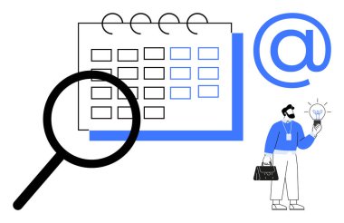 Büyüteç, odaklanmak için takvimi, fikirler için profesyonel ampulü, e-posta sembolünü büyütür. Üretkenlik, zaman yönetimi, yenilik, iletişim, organizasyon için ideal
