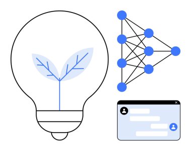 Ekolojik yeniliği temsil eden filizlenen yapraklı ampul, yapay zekayı sembolize eden nöral ağ diyagramı ve iletişim için sohbet penceresi. Sürdürülebilirlik, teknoloji ve çevre dostu tasarım temaları için ideal
