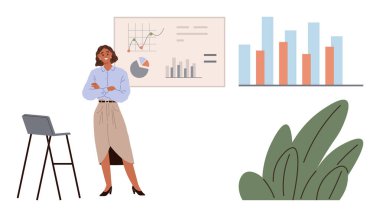 Kendine güvenen kadın analiz ve performans anlayışını yansıtan grafikler ve çizelgelerin yanında duruyor. Takım çalışması, sunum, strateji, analitik, iş büyümesi, liderlik için ideal basit düz metafor