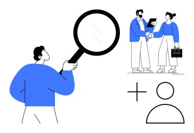 Büyüteç tutan kişi, meslektaşlar arasında tokalaşma ve kullanıcı ekleme simgeleri. İşe alım, ağ oluşturma, iş arama, işbirliği, ortaklık, kariyer geliştirme takım çalışması için ideal