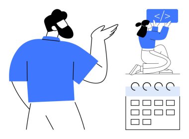 Bir geliştirici kodlama takvimi üzerinde çalışırken ekip lideri proje stratejisini açıklayarak görev planlamasını vurguladı. Takım çalışması, liderlik, yazılım tasarımı, kodlama, zaman yönetimi, üretkenlik, basit