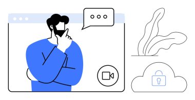 İçerideki düşünceli adam sohbet baloncuğuyla pencereyi arıyor. Yakınlarda asma kilit ve bitki olan bir bulut. İletişim için ideal, uzak çalışma, çevrimiçi güvenlik, gizlilik, takım çalışması, teknoloji, sanal