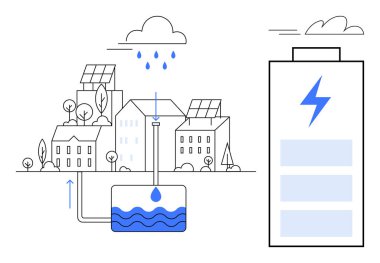Yağmur suyu hasat sistemine bağlı güneş enerjili binalar. Sürdürülebilirlik için ideal, yenilenebilir enerji, akıllı şehirler, çevre dostu tasarım, su tasarrufu, temiz enerji