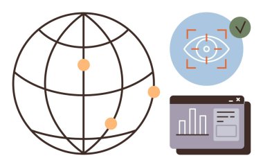 Veri noktalı dünya, odak noktasında göz tanıma ve analitik gösterge paneli. Teknoloji, yenilik, küresel erişim, veri analizi, güvenlik bağlantısı verimliliği için idealdir. Basit düz metafor