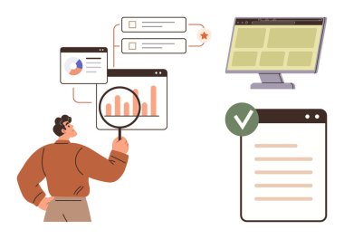 Grafikleri, web sitesi yapısını ve kontrol listelerini büyüteçle inceleyen kişi. Araştırma, veri analizi, çevrimiçi optimizasyon, değerlendirme, iş stratejisi, karar verme mekanizması için ideal