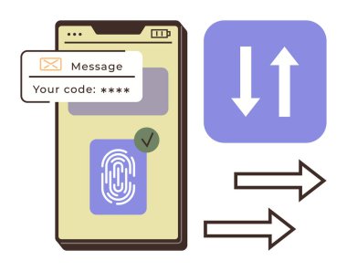 Parmak izi tarayıcılı akıllı telefon ekranı, doğrulama kodu mesajı ve veri değiş tokuşu okları. Siber güvenlik, teknoloji, veri transferi, kimlik doğrulama, mobil uygulamalar, dijital güvenlik için ideal