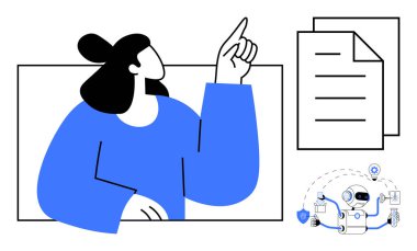 Bilgi ve verileri temsil eden istiflenmiş belgelere doğru hareket eden kadın, robot işlemleri ve otomasyon işlemleriyle eşleştirildi. AI, eğitim, takım çalışması, yenilik ve teknoloji için ideal