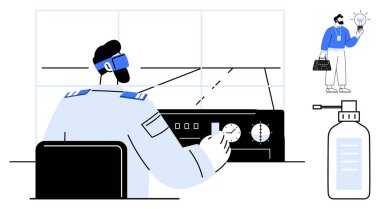 Kokpit kontrollerini gelişmiş teçhizatla kullanan bir pilot, bir fikri görselleştiren bir adam, bir sabun makinesi. Havacılık, yenilik, güvenlik önlemleri, teknoloji, liderlik sağlık ekibi çalışması için idealdir. Basit düz