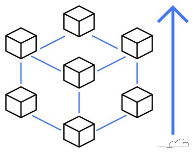 Mavi çizgilerle birbirine bağlı bir ağ yapısına bağlı küpler, teknoloji, yenilik ve büyümeyi sembolize ediyor. Yukarı ok ilerlemeyi gösteriyor. Engelleme zinciri, veri paylaşımı, ilerleme ve strateji için ideal