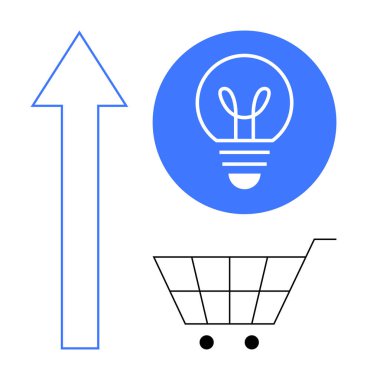 Dikey ok, mavi dairede parlayan ampul, ve tasarlanmış alışveriş arabası yenilik, ilerleme ve e-ticareti simgeliyor. Ticari büyüme, girişimcilik, çevrimiçi alışveriş ve pazarlama için ideal