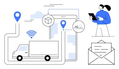 GPS işaretleri, mobil yönetimler, veri simgeleri ve raporları analiz eden kişilerle haritalı rotada nakliye kamyonu. Lojistik, izleme, nakliye, teknoloji, iş veri analizi ve basit